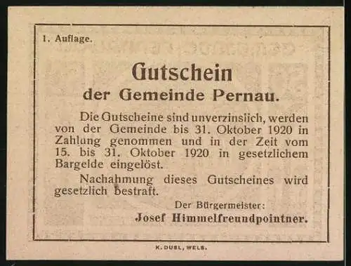 Notgeld Pernau 1920, 50 Heller, Gebäude und Säulen mit Adler