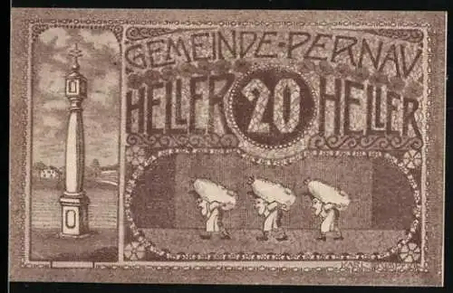 Notgeld Pernau 1920, 20 Heller, Säule, Männer schleppen Mehlsäcke