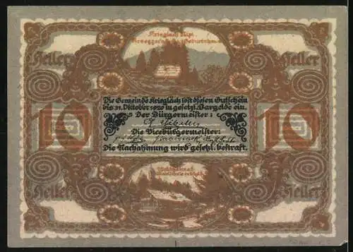 Notgeld Krieglach, 10 Heller, Peter Rosegger Porträt mit bäuerlichen Figuren und Landschaftsmotiven