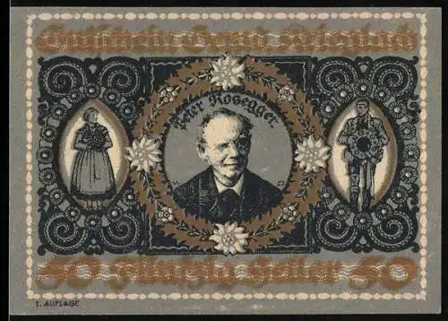 Notgeld Krieglach 1920, 50 Heller, Porträt von Peter Rosegger und traditionelle Figuren, 1. Auflage