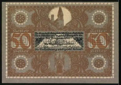 Notgeld Krieglach 1920, 50 Heller, Porträt von Peter Rosegger und traditionelle Figuren, 1. Auflage