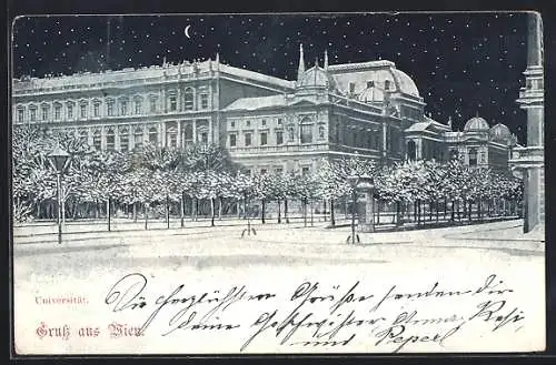 Lithographie Wien, Universität in einer Winter-Nacht