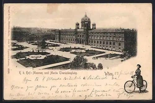 AK Wien, Dame mit einem Fahrrad, K. k. Hof-Museum und Maria Theresienplatz