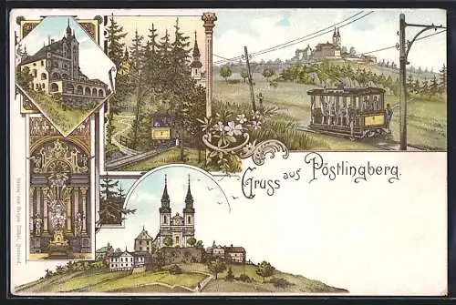 Lithographie Pöstlingberg, Blick auf die Kirche, Bergbahn auf der Strecke