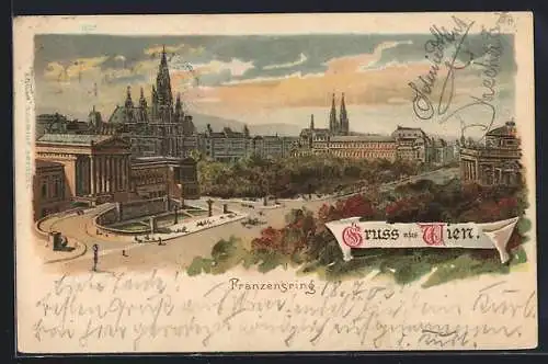 Lithographie Wien, Blick auf den Franzensring mit dem Parlament