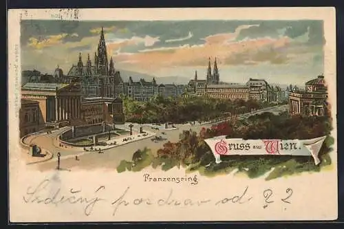 Lithographie Wien, Blick auf den Franzensring mit dem Parlament