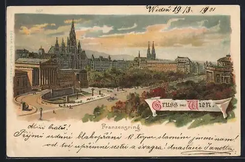 Lithographie Wien, Blick auf den Franzensring mit dem Parlament