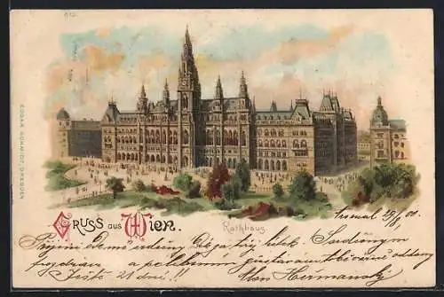 Lithographie Wien, Rathaus mit Parkanlage