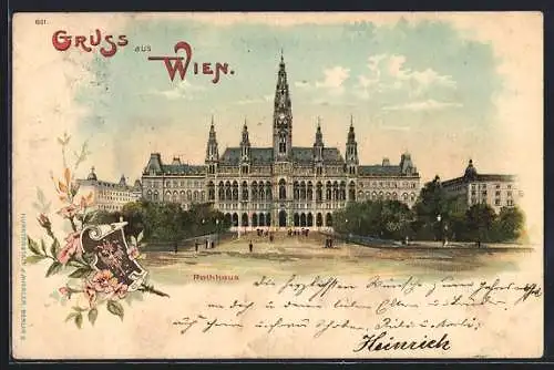 Lithographie Wien, Rathaus, Wappen, Blumenmotiv um 1900