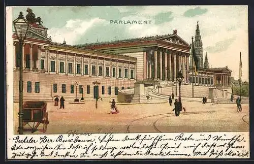 Lithographie Wien, Das Parlament mit Strasse und Einfahrt