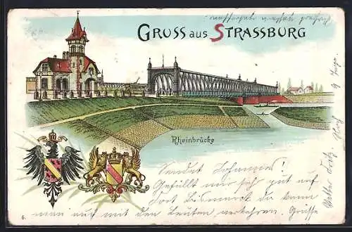 Lithographie Strassburg, Partie an der Rheinbrücke mit Wappen