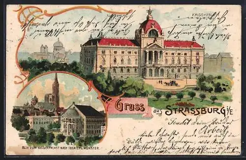 Lithographie Strasbourg, Ancien Palais Impérial, Place de la République