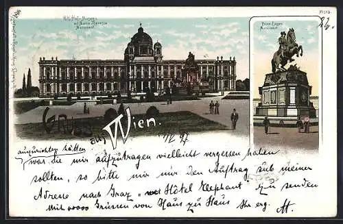 Lithographie Wien, K. k. Hofmuseen mit Maria Theresia Monument und Prinz Eugen Monument