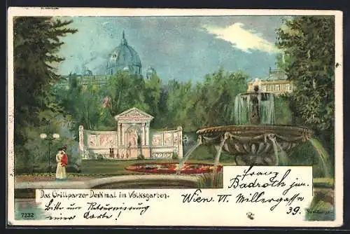 Lithographie Wien, Das Grillparzer Denkmal im Volksgarten