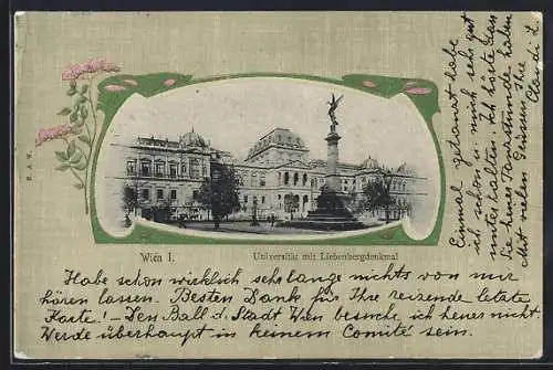 Lithographie Wien, Universität mit Liebenbergdenkmal, Blumen-Ornament