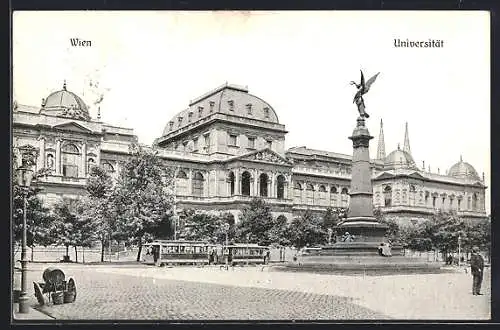 AK Wien, Universität, Frontansicht mit Strassenbahn