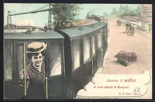 AK Cormier, Frau schaut aus dem Zug, Gepäck auf dem Bahnsteig, französische Eisenbahn