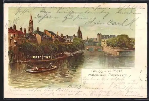 Künstler-AK Metz, Ortspartie mit Mittelbrücke