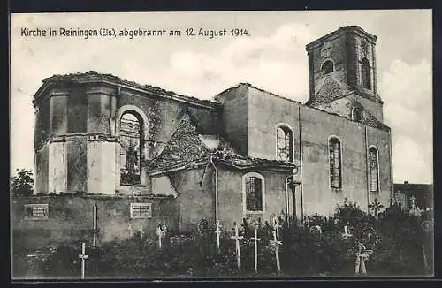 AK Reiningen, Kirche mit Friedhof, abgebrannt 1914