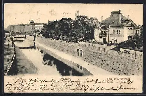 AK Wien, Neue Milchtrinkhalle am Stadtpark, Ansicht mit Brücke von oben