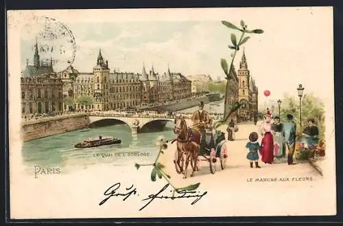 Lithographie Paris, Le Quai de l`Horloge, Le Marché aux Fleurs