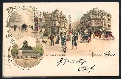 Lithographie Paris, L`Avenue de l`Opéra, Lion de Belfort