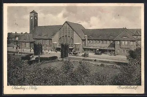 AK Oldenburg i. Oldbg., Hauptbahnhof mit Pferdewagen u. Auto