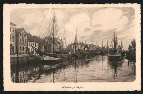 Künstler-AK Oldenburg / Old., Hafen mit Schiffen