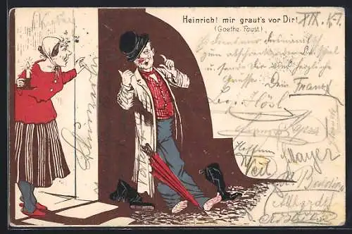 AK Goethe, Faust, Heinrich - mir graut's vor Dir, Frau und betrunkener Mann