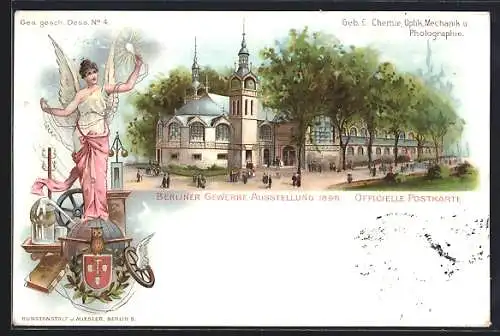 Lithographie Berlin, Gewerbe-Ausstellung 1896, Gebäue für Chemie, Optik, Mechanik u. Photographie, Engel
