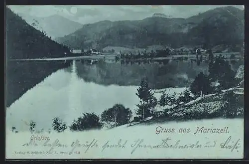 Mondschein-AK Mariazell, Blick übers Wasser bei Nacht