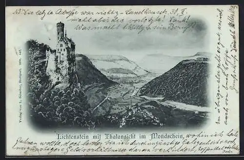 Mondschein-AK Lichtenstein / Echaztal, Ansicht des Schlosses mit Talblick bei Nacht