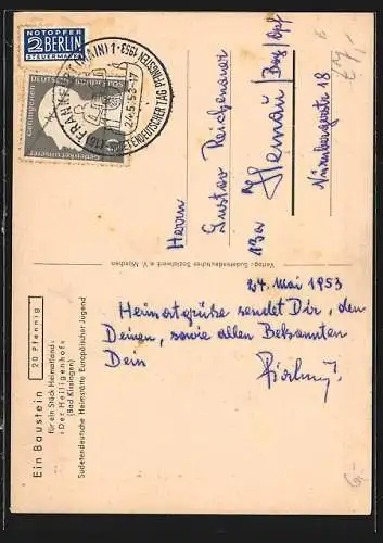 AK Frankfurt a. M., Sudetendeutscher Tag 1953, Banderolen mit Wappen, Kirche, Baustein-Karte