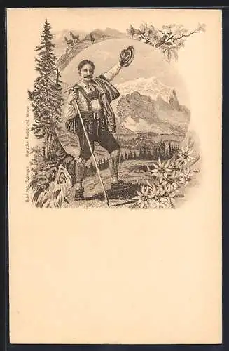 Lithographie Grüssender Bergsteiger vor Bergpanorama, Edelweiss