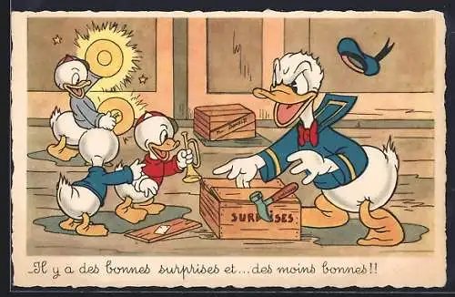 AK Donald Duck und Neffen mit Überraschungskisten