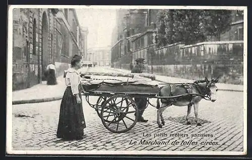 AK Paris, Les petits métiers parisiens: Le Marchand de toiles cirées, Händlerin mit Eselskarren