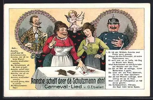 AK Annche schaff deer dä Schutzmann ahn!, Carneval-Lied v. G. Ebeler, Frauen mit Spielkarten, Fasching