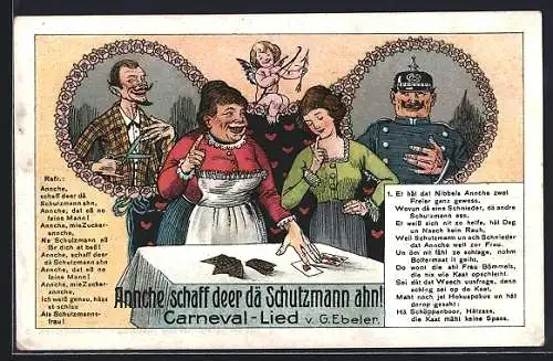 AK Annche schaff deer dä Schutzmann ahn!, Carneval-Lied v. G. Ebeler, Frauen mit Spielkarten, Fasching