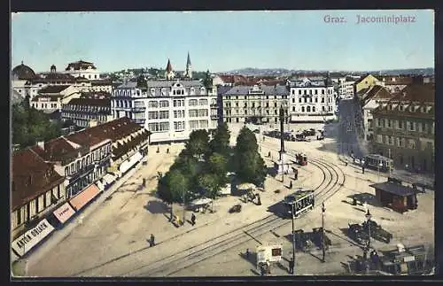 AK Graz, Jacominiplatz mit Strassenbahn aus der Vogelschau