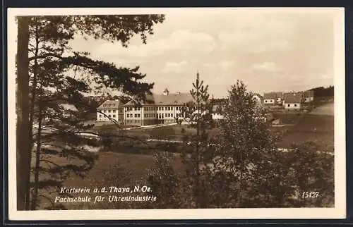 AK Karlstein a. d. Thaya, Fachschule für Uhrenindustrie mit Fluss und Umgebung