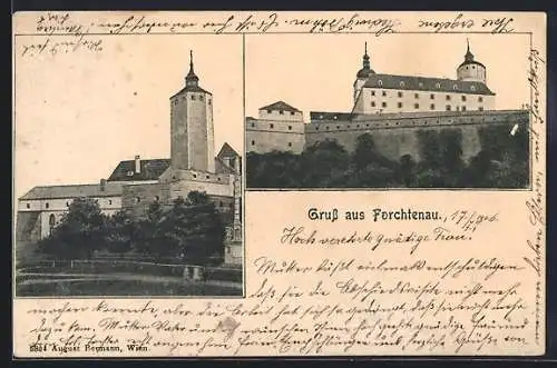 AK Forchtenau, Turmgebäude mit Mauer, Kirchenpartie