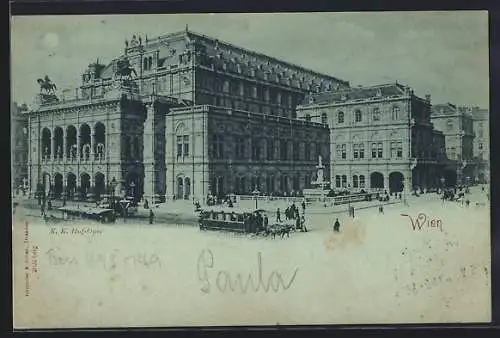 Mondschein-AK Wien, K. K. Hofoper mit Strassenbahnen