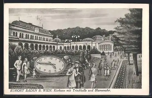 Künstler-AK Baden bei Wien, Kurhaus mit Trinkhalle und Blumenuhr