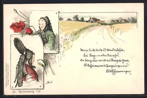 Lithographie Rottenburg, Feldpartie und zwei Damen in schwäbischer Tracht