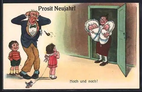 AK Frau mit Babys bei Vater in der Tür, Neujahrsgruss