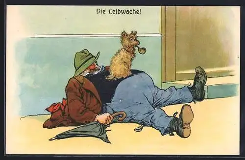 AK Die Leibwache, Kleiner Hund bewacht sein betrunkenes Herrchen