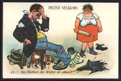AK Ja - das Studium der Weiber ist Schwer, Garstige Alte mit Nudelholz und Gatte mit blauem Auge