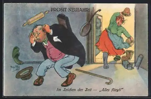 Künstler-AK Arthur Thiele: wütende Ehefrauwirft ihrem Mann Nudelholz, Töpfe und Bratpfanne an den Kopf