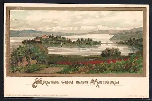 Künstler-AK K. Mutter: Insel Mainau, Uferpartie mit Blick auf die Insel