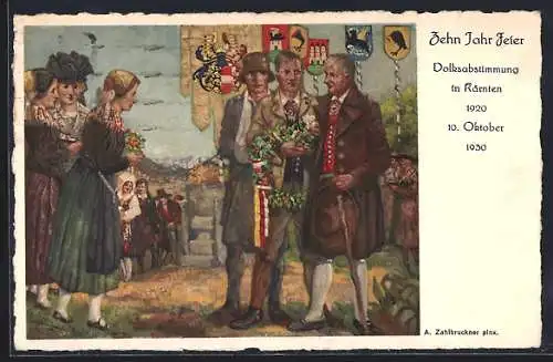 Künstler-AK Kärnten, Volksabstimmung 1920, verwundeter Soldat, Leute in Trachten, Wappen, Flaggen